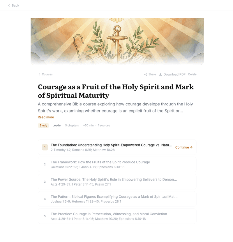 Course detail — cover, chapters, progress