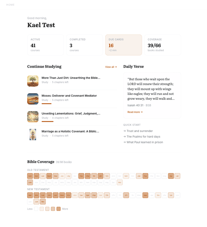 OpenLumin dashboard — stats, courses, daily verse, Bible coverage