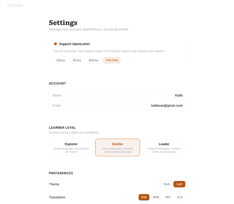 Settings — learner level, theme, translation, denomination